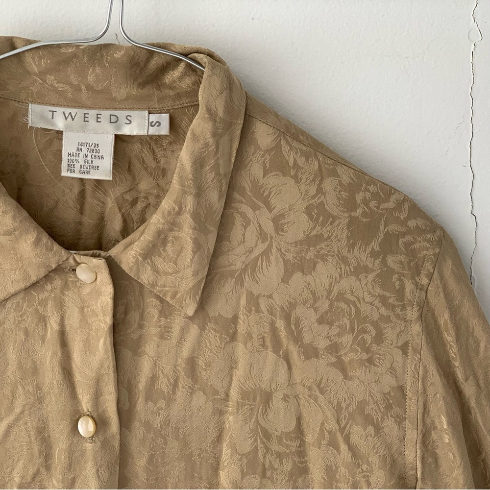 Vintage 90s bronze 100% silk shirt, patterned with rose floral design